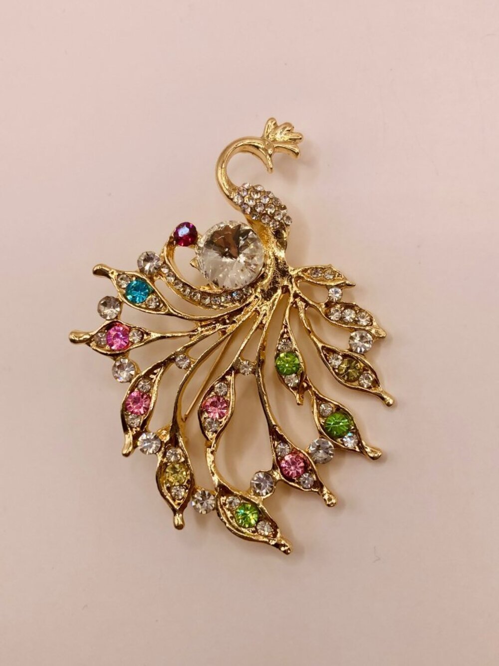 Gold-Tone Peacock Brooch Pin Multicolor Rhinestones -28B